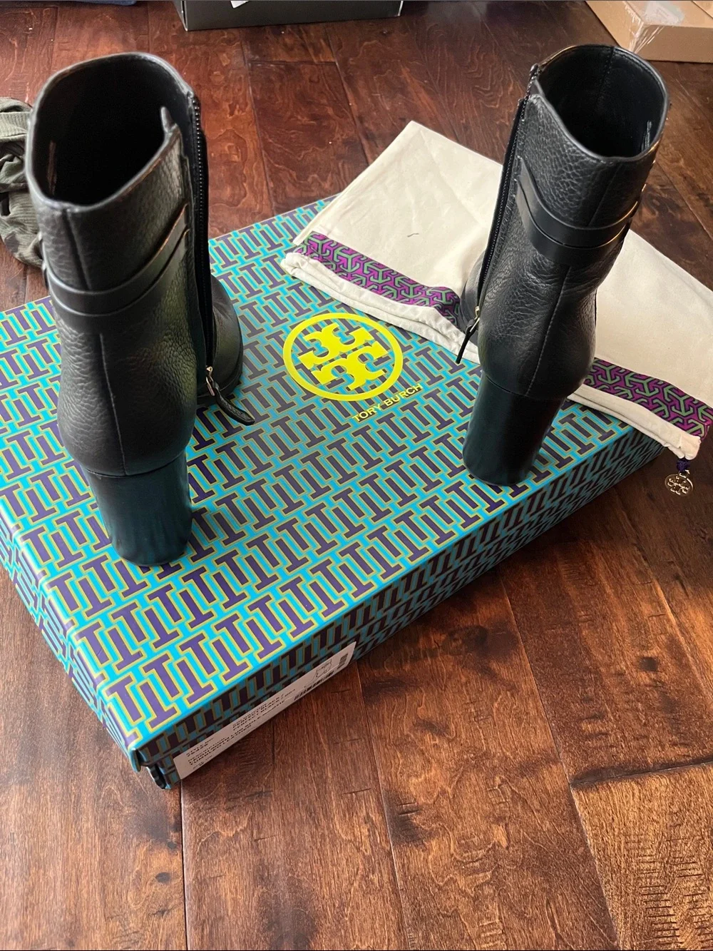 Tory Burch Black Leather Block Heel Ankle Boots with Side Zip